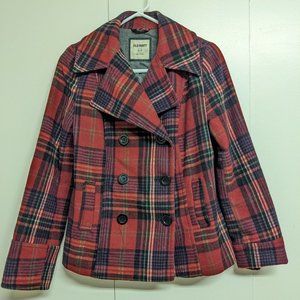 Old Navy Peacoat Jacket Double Breasted Plaid Red Buffalo Check Wool